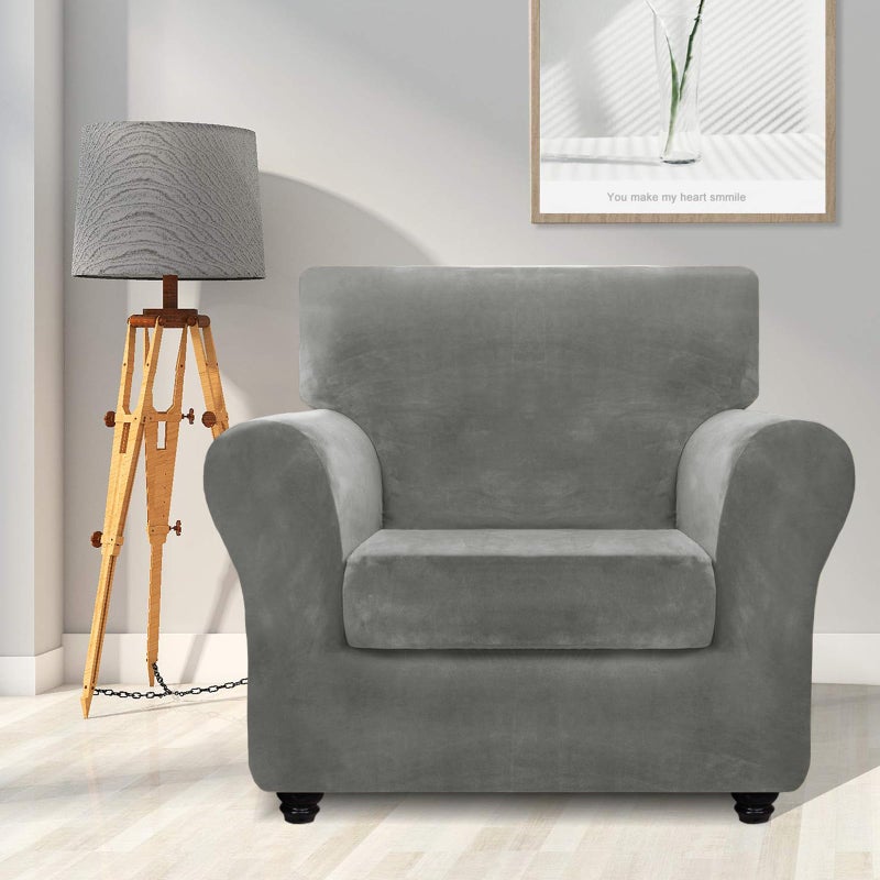 ZNSAYOTX Luxury Velvet Chair Slipcovers with Arms 2 Piece Stretch Chair Covers for Living Room Thick Soft Armchair Slipcover Anti Slip Dog Pet Friendly Furniture Protector (Grey),30"-47"(1 Cushion) - Image 2